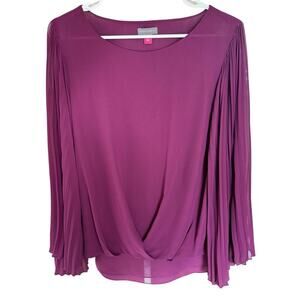 VINCE CAMUTO Blouse Pleated Long Bell Sleeve Twist Front Burgundy M Romantic